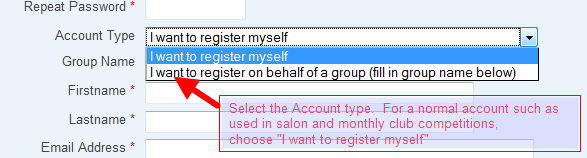 Select 'I want to register on behalf of a group' from the drop down menu